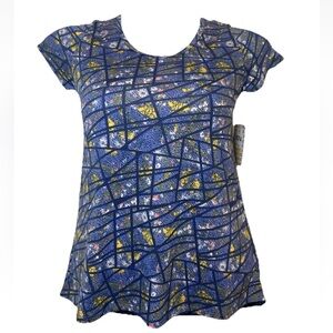 LuLaRoe Classic T Size XXS Blue Yellow Geometric Casual Stretch Shirt‎ Top NWT